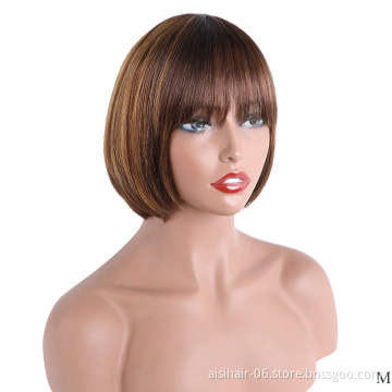 Short Pixie Cut Straight ombre Hair With Bangs Human Hair Wigs None Lace 100% Glueless Cheap Private Label Humen Hair
